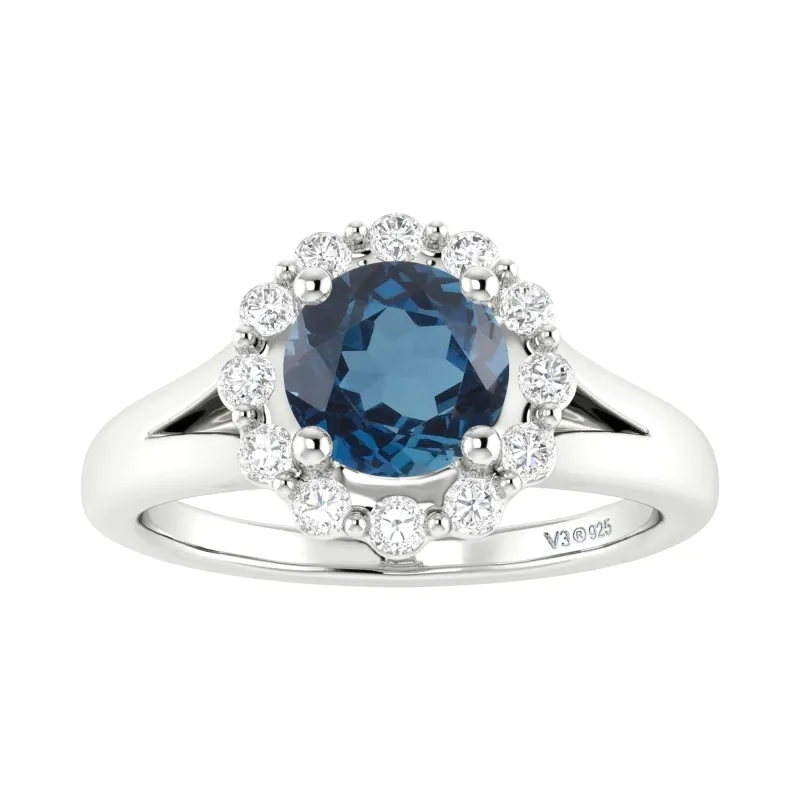 V3 Jewelry Sterling Silver 1.35CT Natural London Blue Topaz and White Topaz Halo Ring sold by Zulily