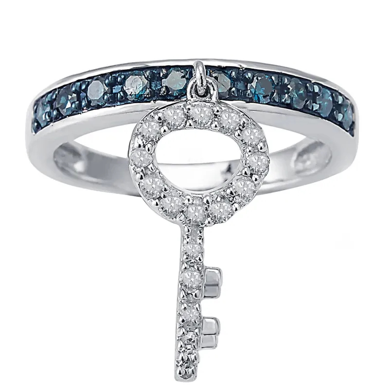 V3 Jewelry 0.50 CTTW Natural Blue & White Diamond Sterling Silver Key Dangle Charm Band Ring sold by Zulily