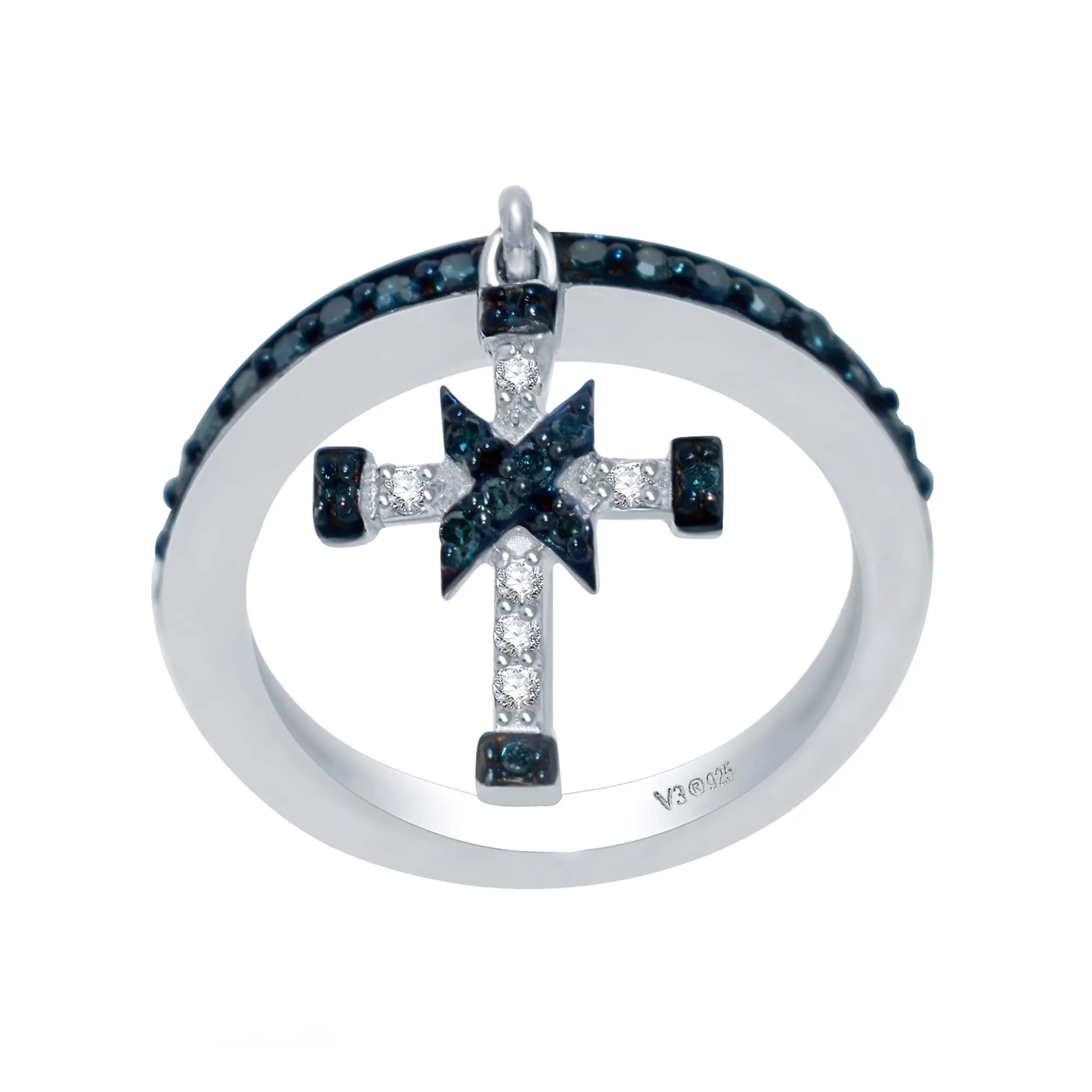 V3 Jewelry Sterling Silver Real Blue & White Diamond Cross Charm Ring sold by Zulily