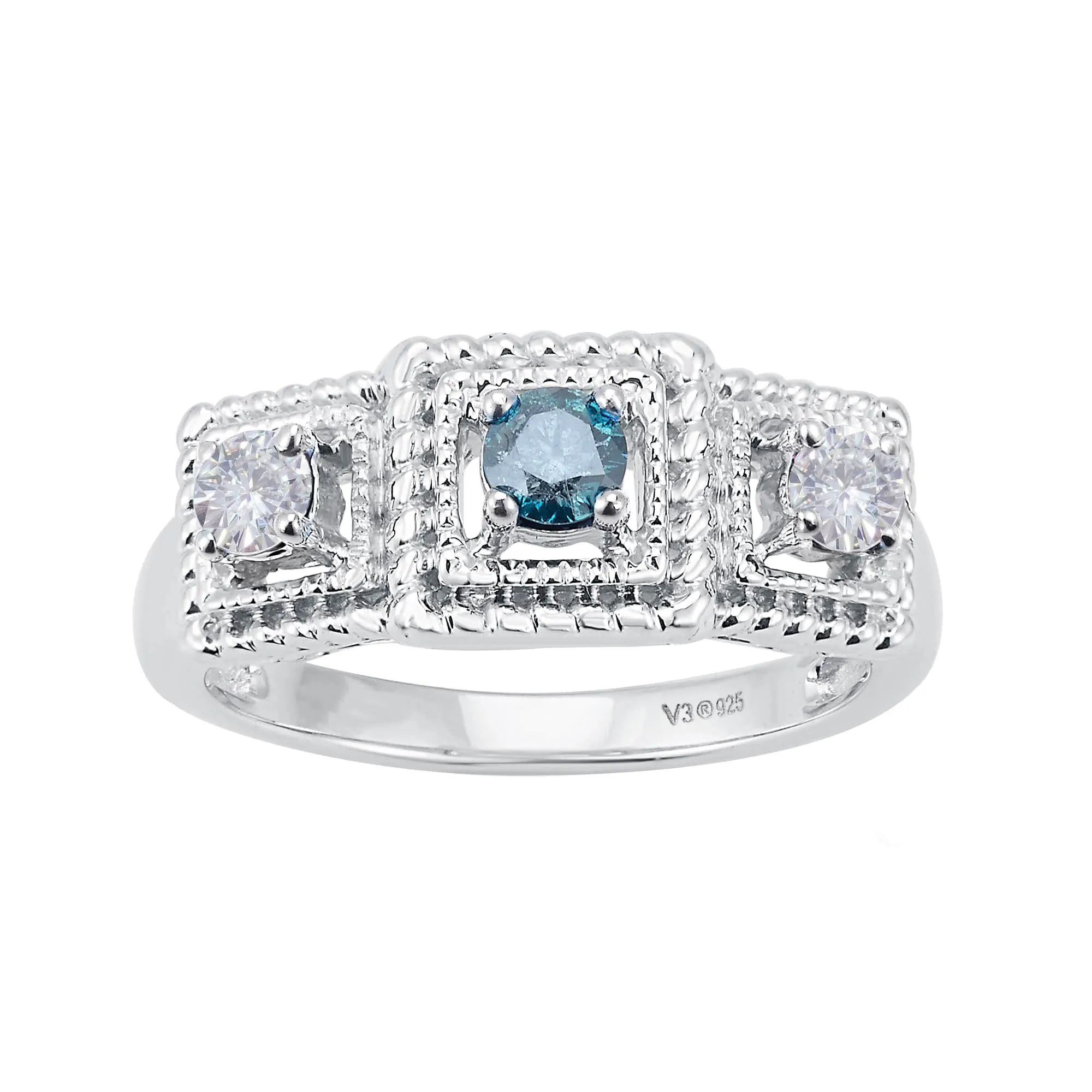 V3 Jewelry V3 Jewelry Sterling Silver Blue Diamond & Moissanite Three Stone Promise Ring sold by Zulily