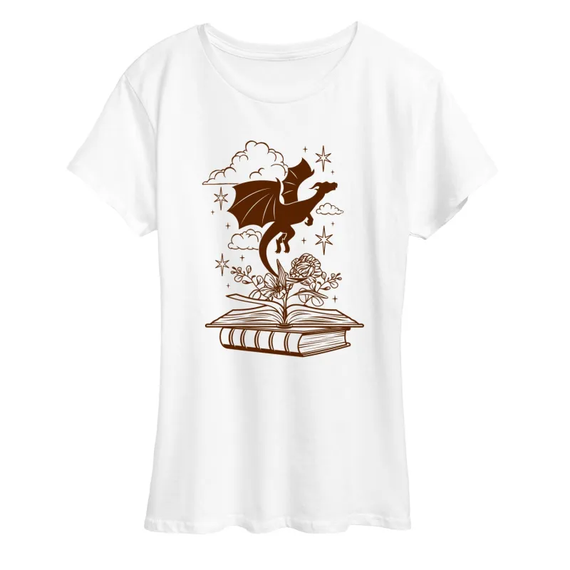 Instant Message - Dragon Flying Out Of Book - Women's Short Sleeve Graphic T-Shirt sold by Zulily