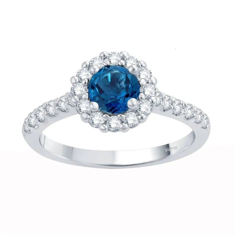 V3 Jewelry 925 Sterling Silver 1.75 Carat Natural London Blue Topaz and Natural White Topaz Halo Ring sold by Zulily