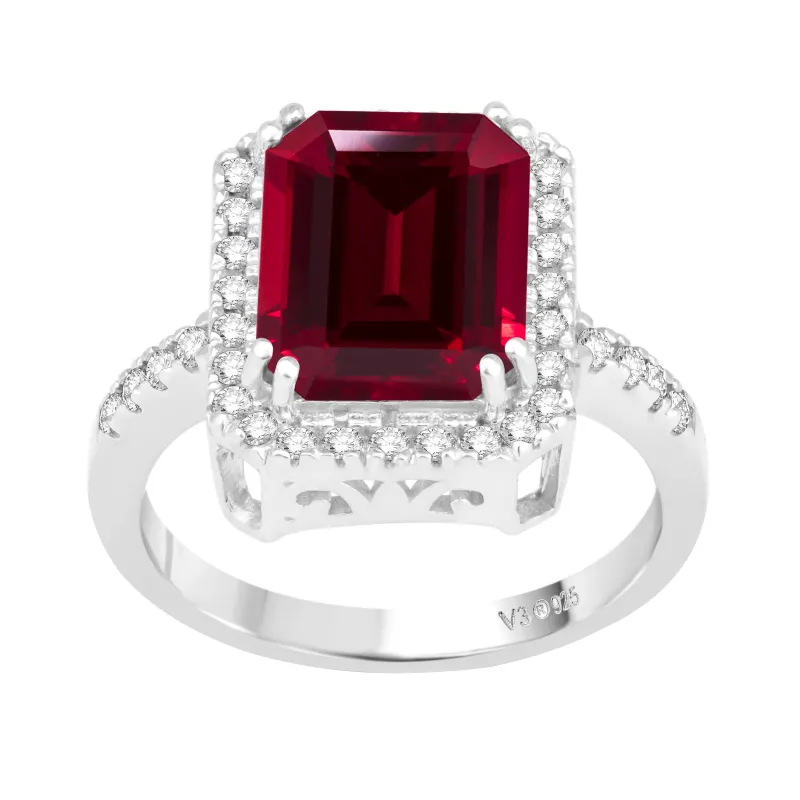 V3 Jewelry 925 Sterling Silver 4.25 Carat Emerald Cut Red Ruby and White Topaz Halo Ring sold by Zulily