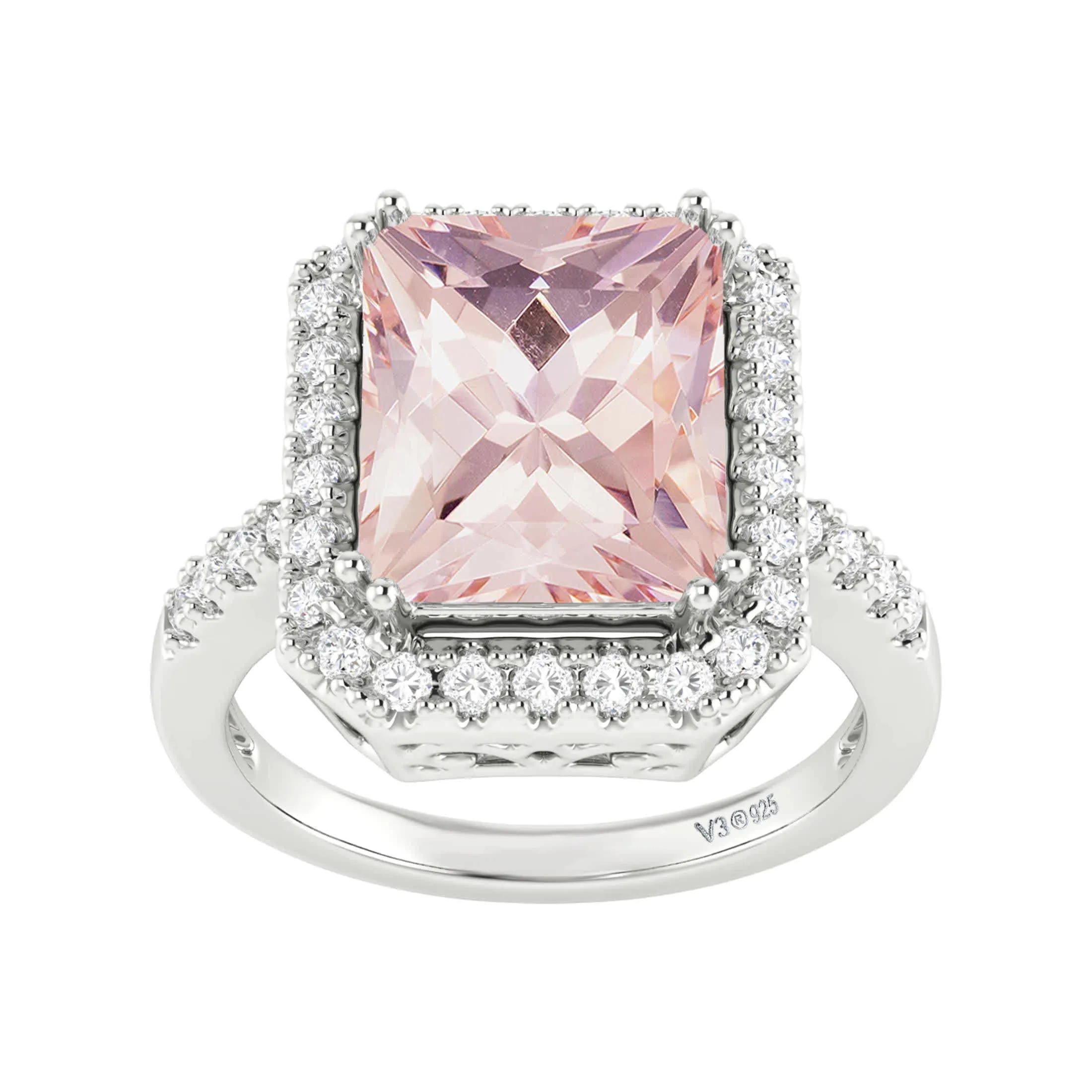 V3 Jewelry 925 Sterling Silver 4.50 Carat Emerald Cut Morganite and White Topaz Halo Ring sold by Zulily product image thumbnail 2