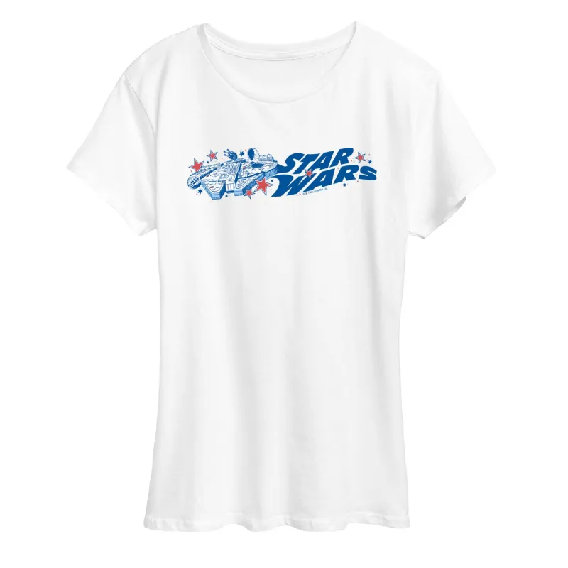 Star Wars - Millennium Falcon Red White Blue Stars - Women's Short Sleeve Graphic T-Shirt sold by Zulily