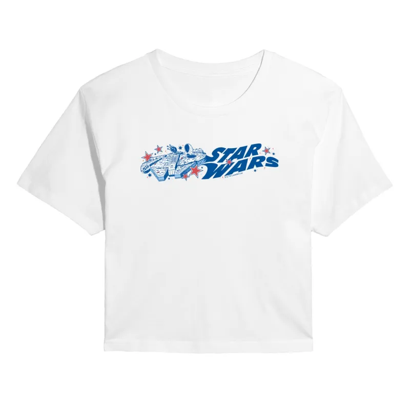 Star Wars - Millennium Falcon Red White Blue Stars - Juniors Cropped Graphic T-Shirt sold by Zulily