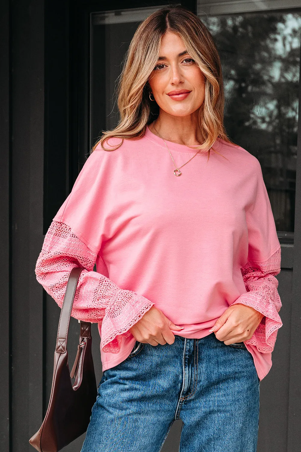 Threaded Pear Brielle Lace Ruffled Sleeve Patchwork Loose Sweatshirt sold by Zulily product image thumbnail 4