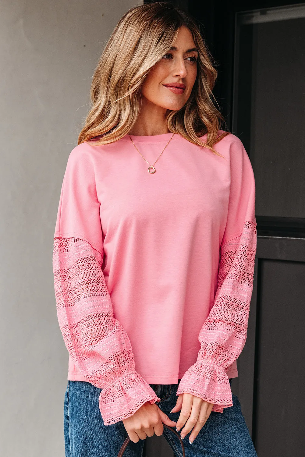 Threaded Pear Brielle Lace Ruffled Sleeve Patchwork Loose Sweatshirt sold by Zulily product image thumbnail 5