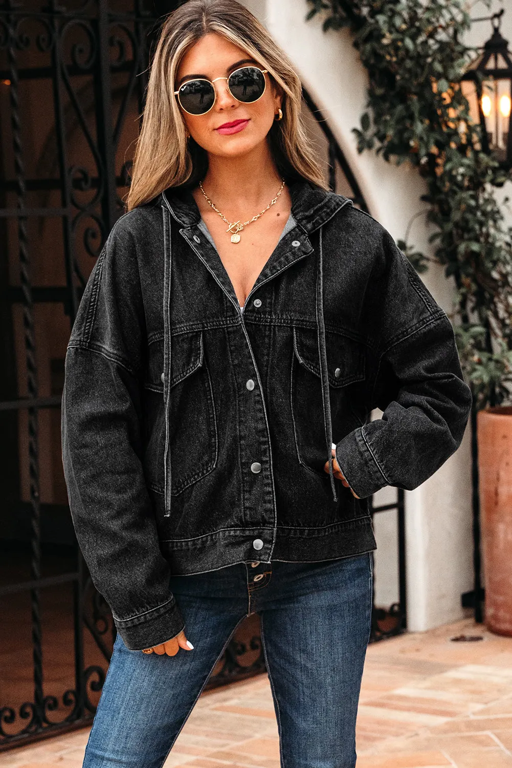 Threaded Pear Sage Pocket Drop Shoulder Hooded Denim Jacket sold by Zulily product image thumbnail 4