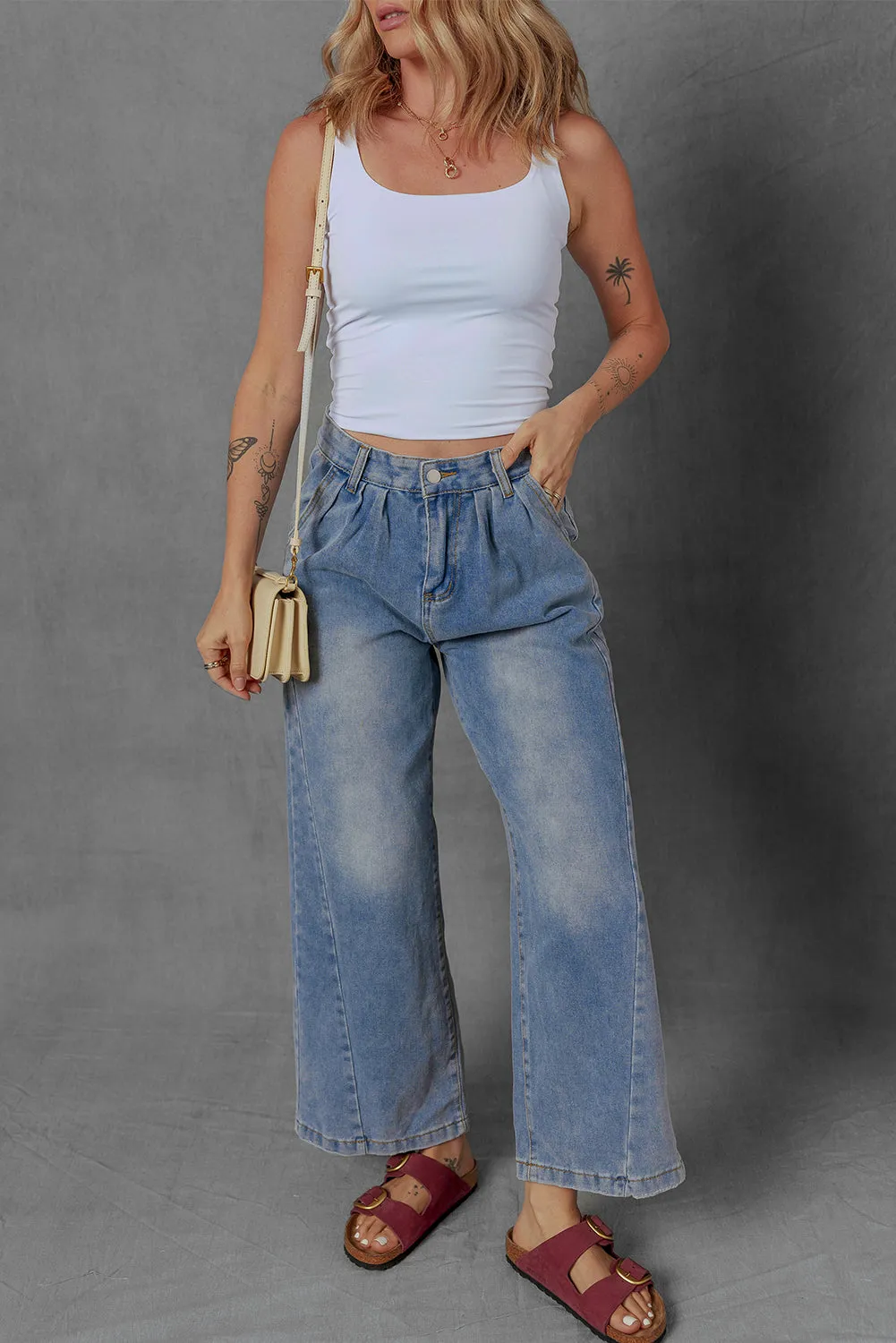 Threaded Pear Scottie Blue Washed Pleated Detail Wide Leg Jeans sold by Zulily product image thumbnail 5