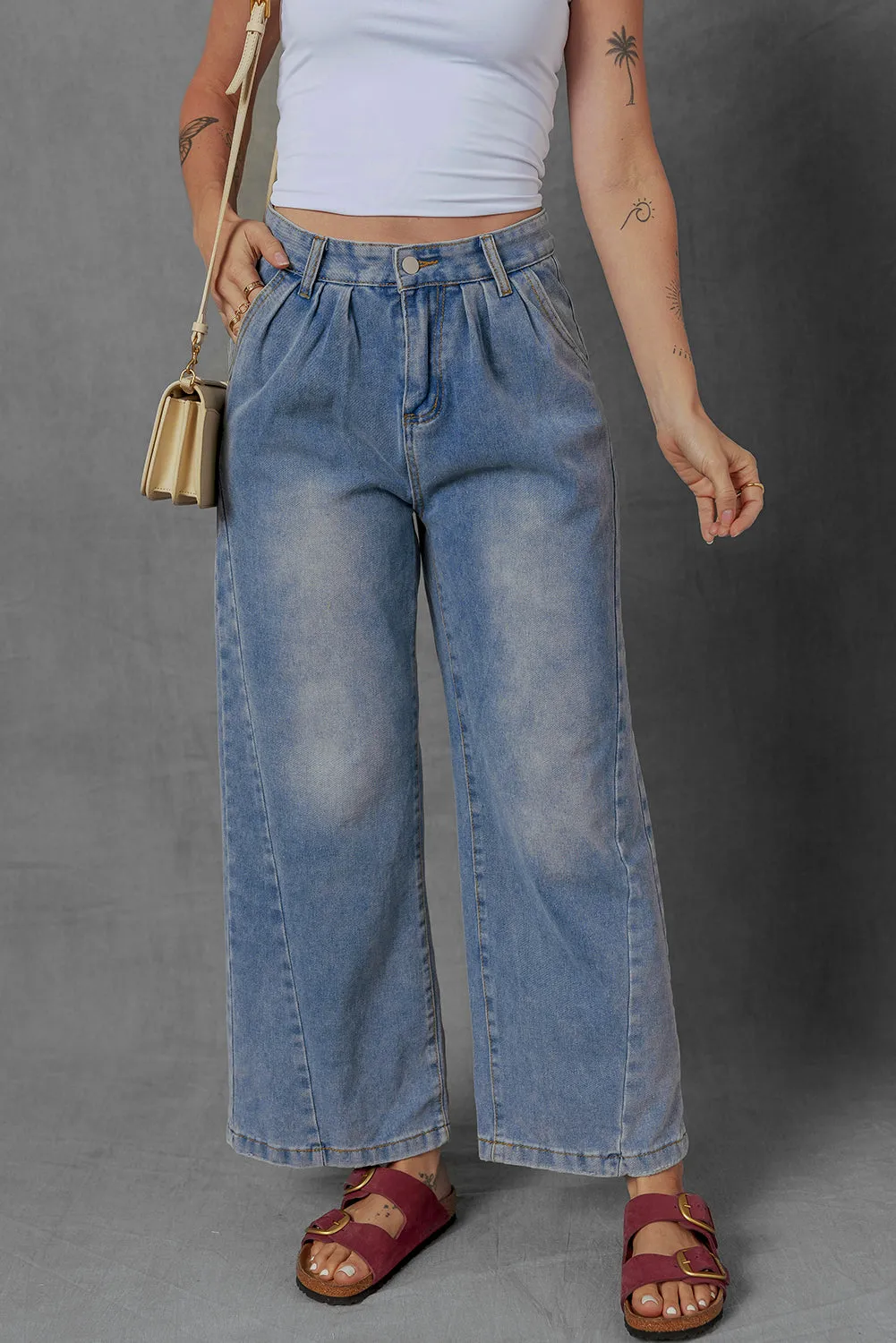 Threaded Pear Scottie Blue Washed Pleated Detail Wide Leg Jeans sold by Zulily