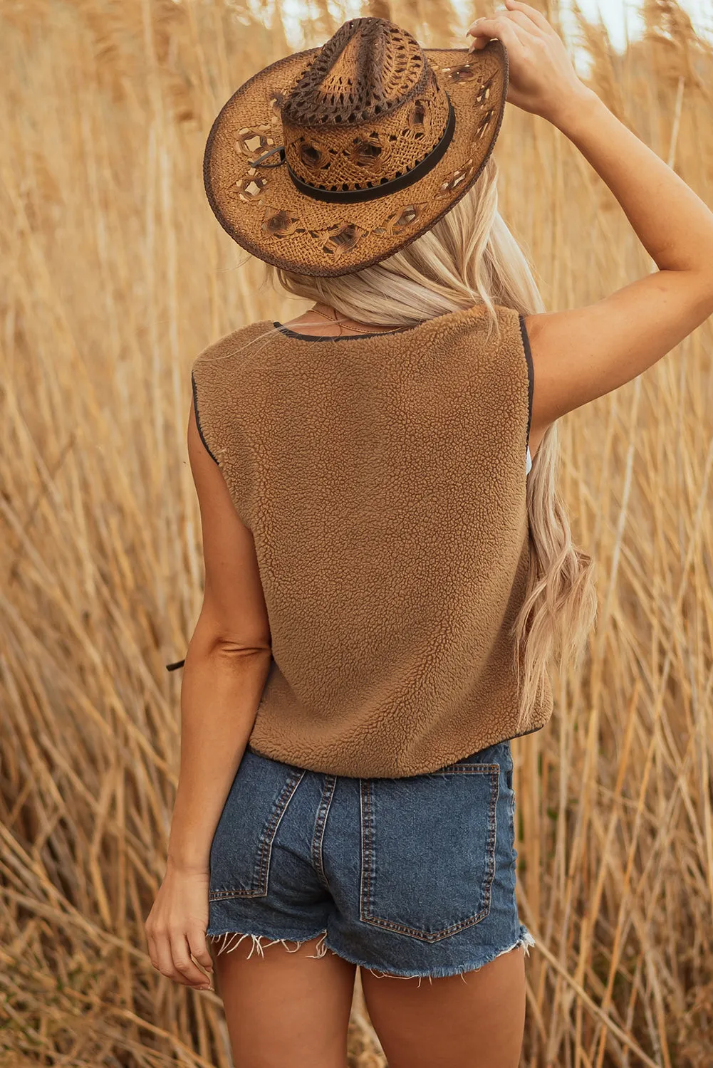 Threaded Pear Nicole Contrast Trim Tie Front Sherpa Vest sold by Zulily product image thumbnail 2