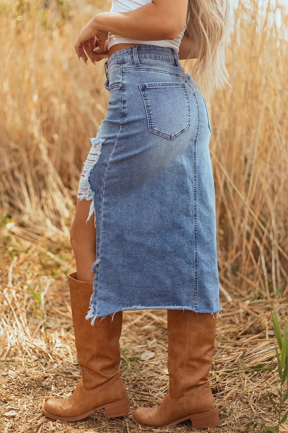 Threaded Pear Alexis Irregular Distressed Bottom Denim Midi Skirt sold by Zulily product image thumbnail 3