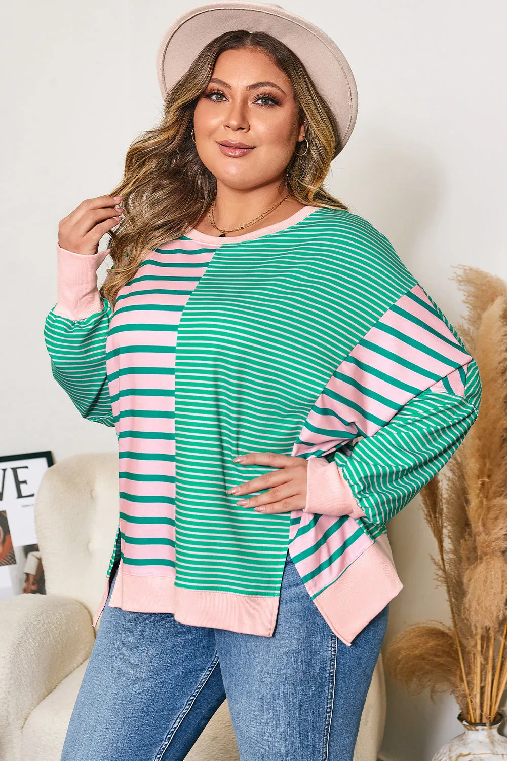 Threaded Pear Green Stripe Color Block Exposed Seam Side Slit Plus Size Sweatshirt sold by Zulily product image thumbnail 3
