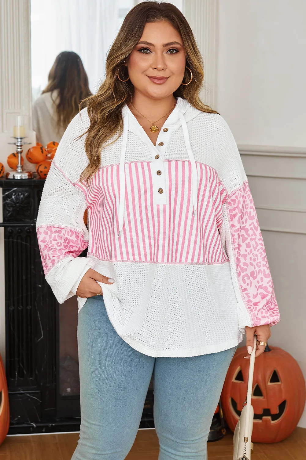 Threaded Pear Pink Stripe Leopard Patchwork Waffle Knit Buttoned Plus Size Hoodie sold by Zulily product image thumbnail 3