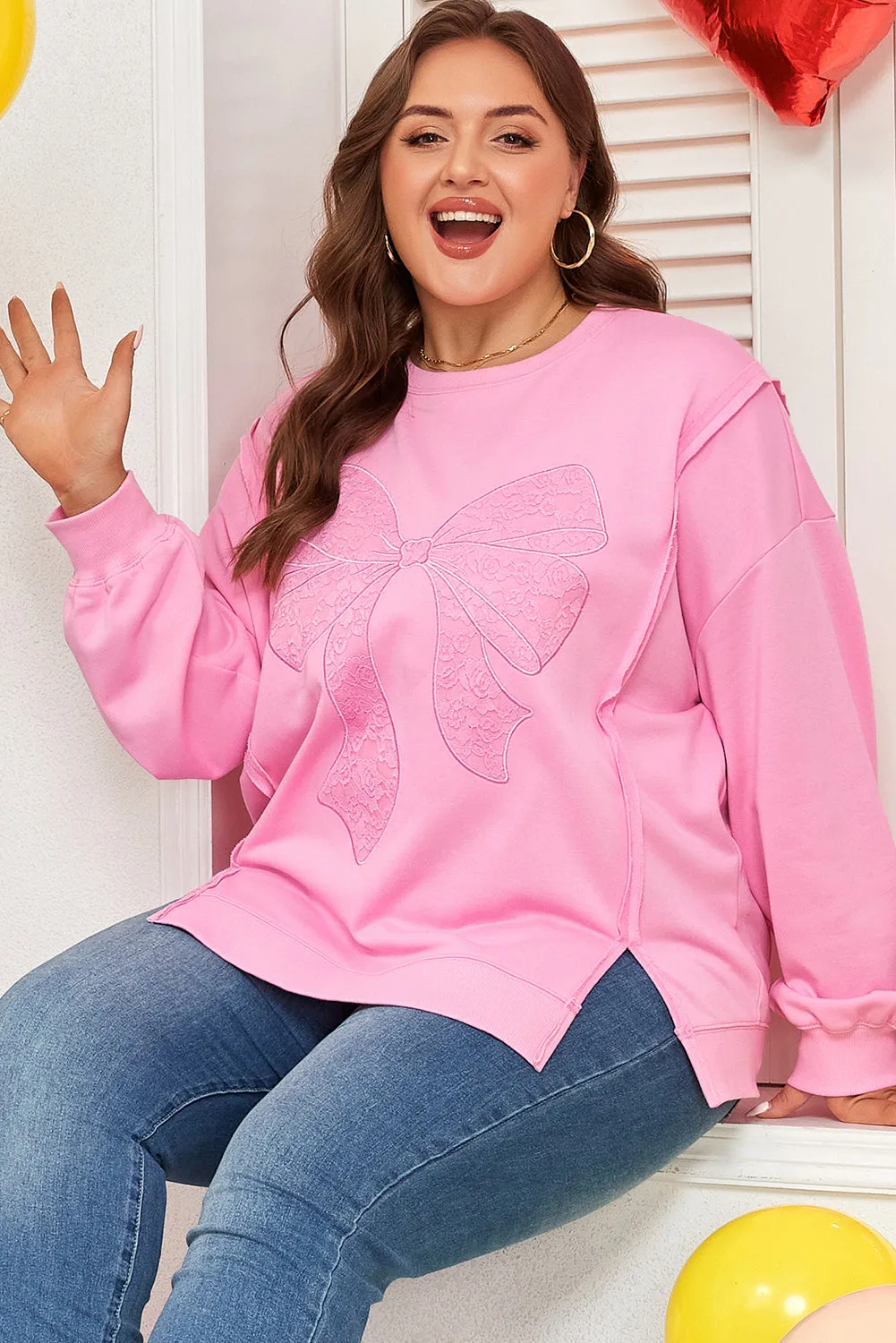 Threaded Pear Pink Big Bow Lace Embroidered Dolman Sleeve Slit Plus Size Sweatshirt sold by Zulily product image thumbnail 3