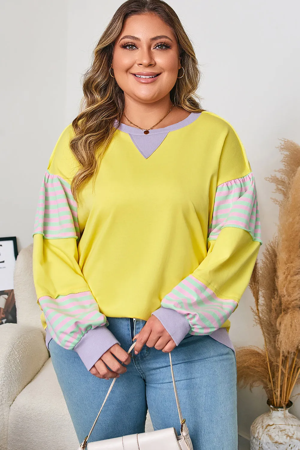 Threaded Pear Yellow Striped Color Block Patchwork Crewneck Plus Size Pullover Sweatshirt sold by Zulily product image thumbnail 5