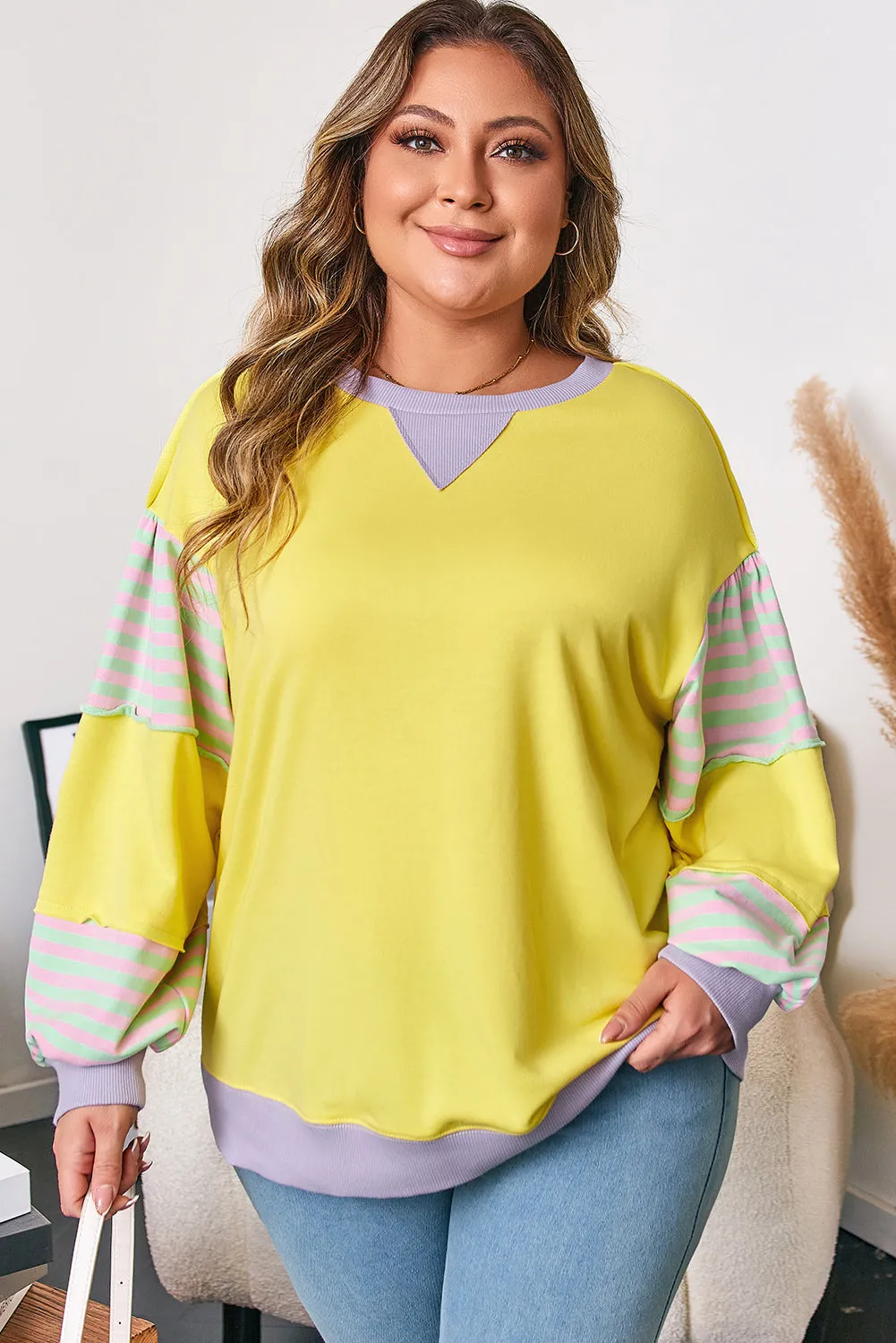 Threaded Pear Yellow Striped Color Block Patchwork Crewneck Plus Size Pullover Sweatshirt sold by Zulily product image thumbnail 3