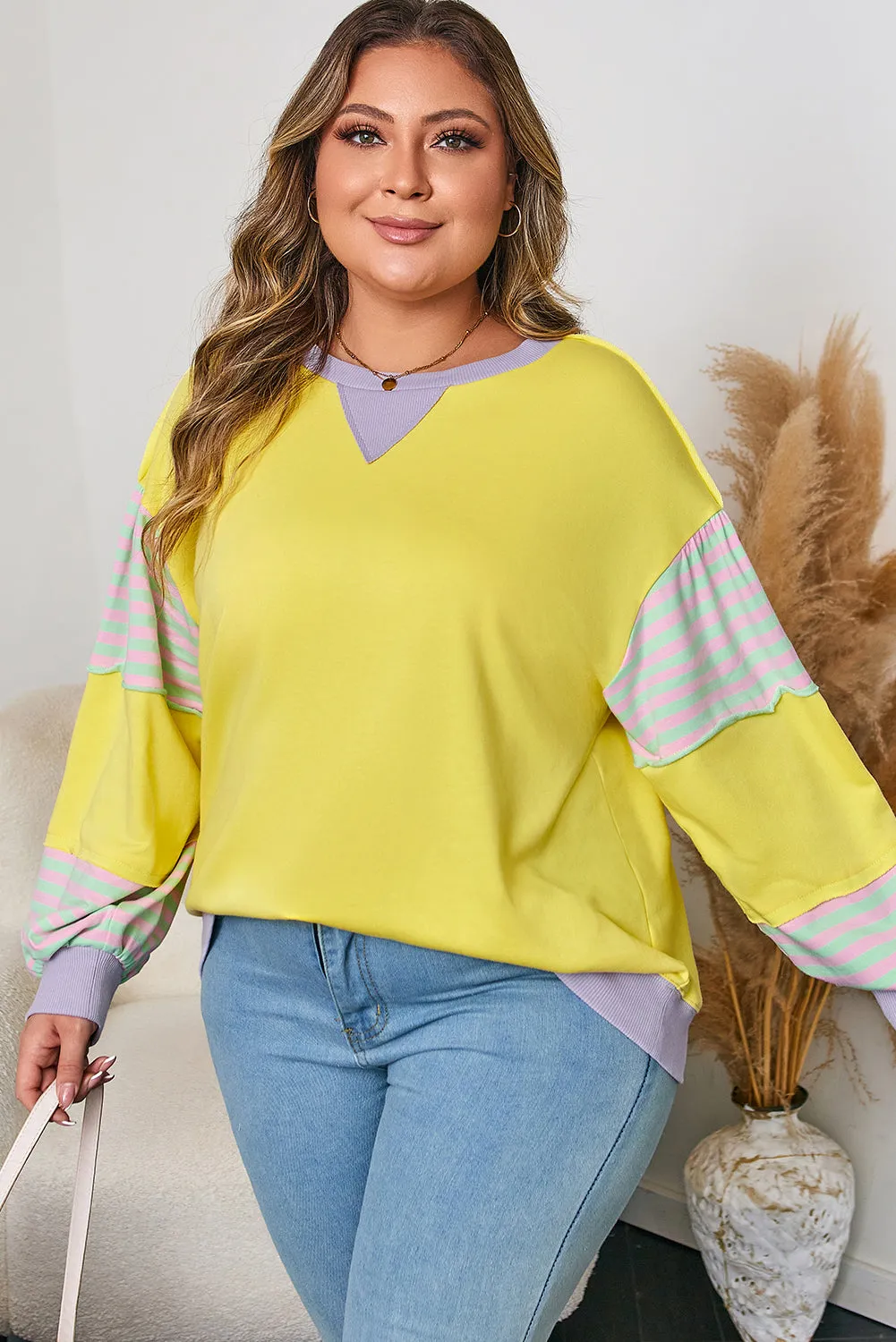 Threaded Pear Yellow Striped Color Block Patchwork Crewneck Plus Size Pullover Sweatshirt sold by Zulily product image thumbnail 4