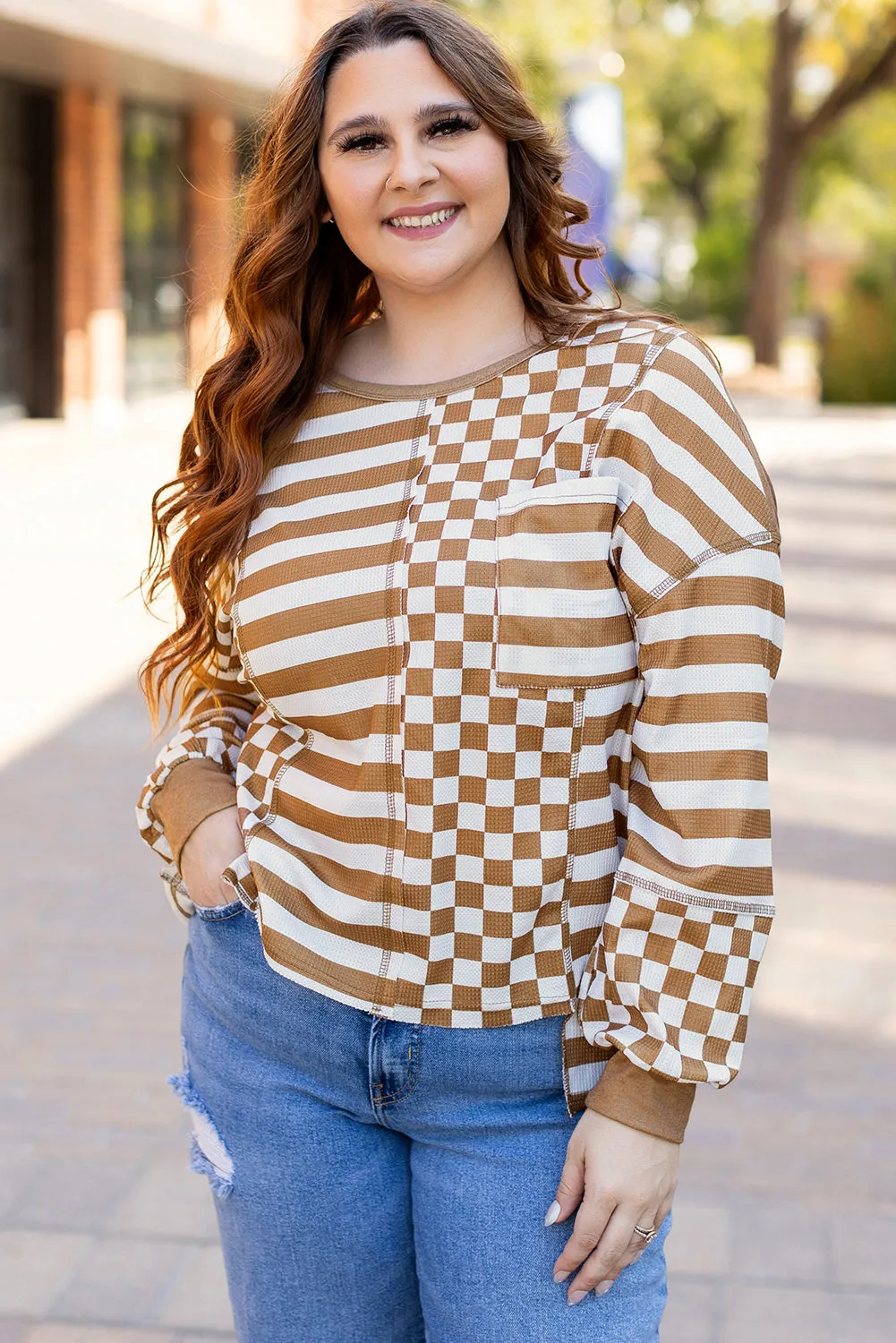 Threaded Pear Khaki Striped Checkered Mixed Print Chest Pocket Casual Plus Size Top sold by Zulily product image thumbnail 4