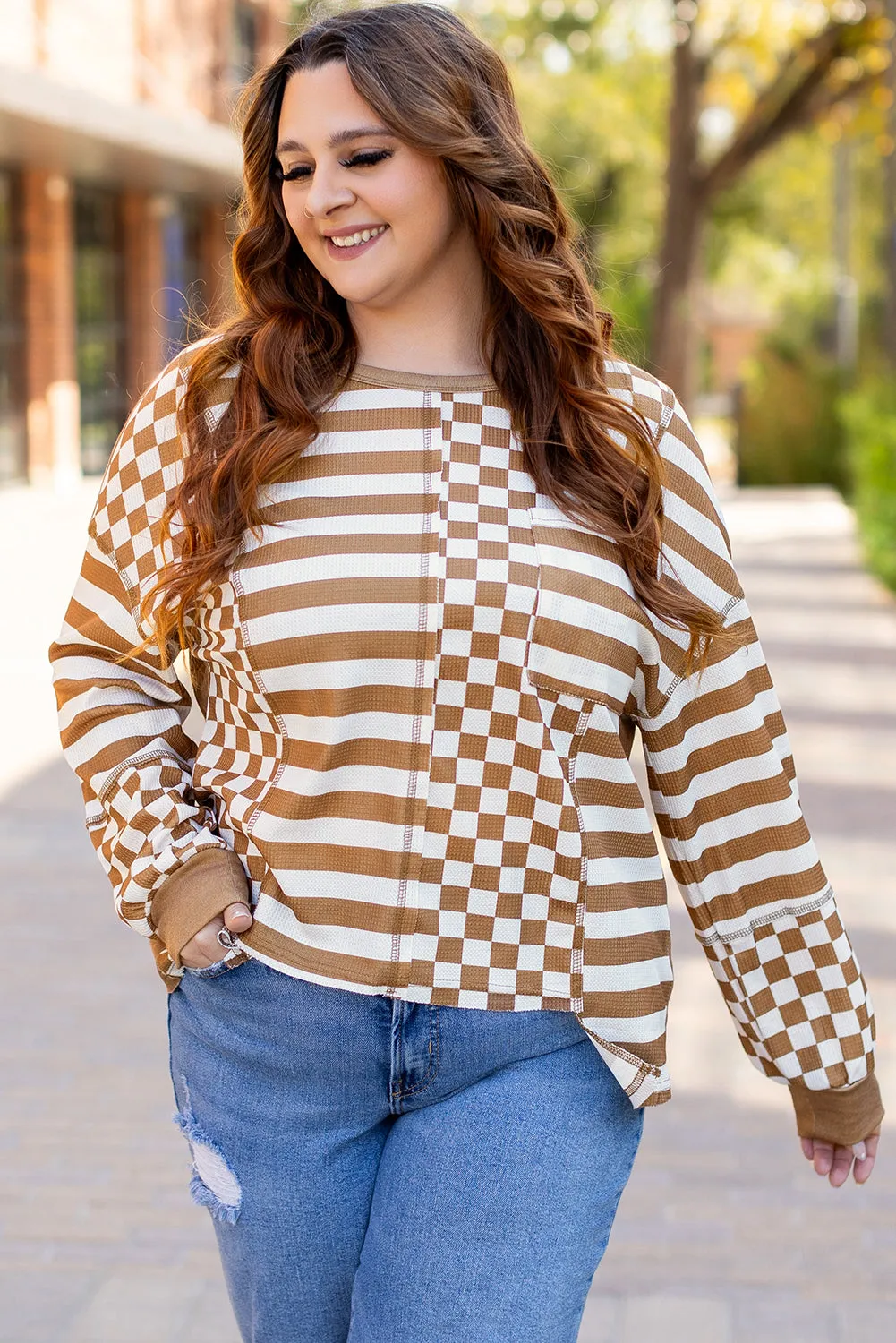 Threaded Pear Khaki Striped Checkered Mixed Print Chest Pocket Casual Plus Size Top sold by Zulily product image thumbnail 5