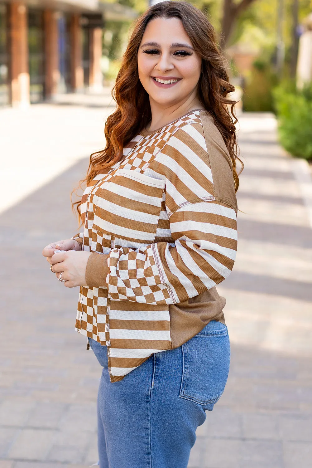 Threaded Pear Khaki Striped Checkered Mixed Print Chest Pocket Casual Plus Size Top sold by Zulily product image thumbnail 3