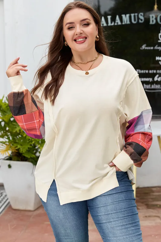 Threaded Pear Beige Plus Size Multicolor Plaid Patchwork Sleeve Pullover Top sold by Zulily