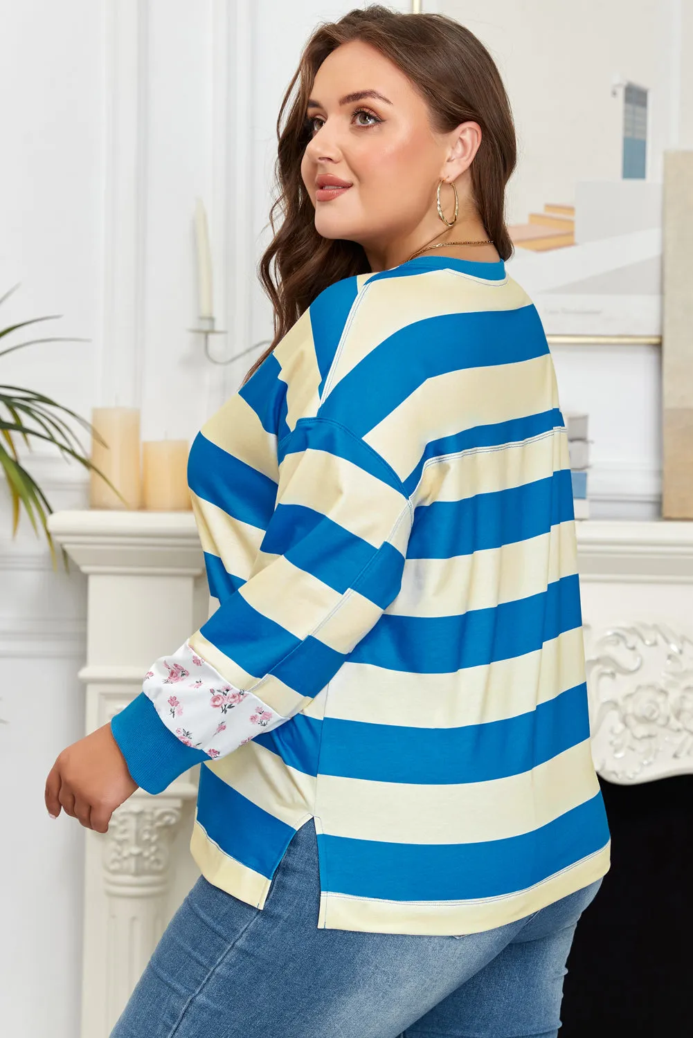 Threaded Pear Blue Stripe Floral Color Block Drop Shoulder Plus Size Pullover Top sold by Zulily product image thumbnail 2