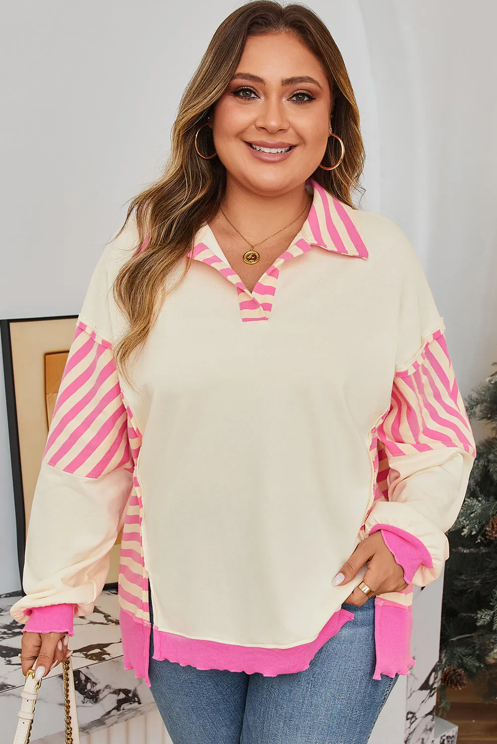Threaded Pear Pink Stripe Contrast Polo Collar Drop Shoulder Patchwork Plus Size Pullover sold by Zulily product image thumbnail 3