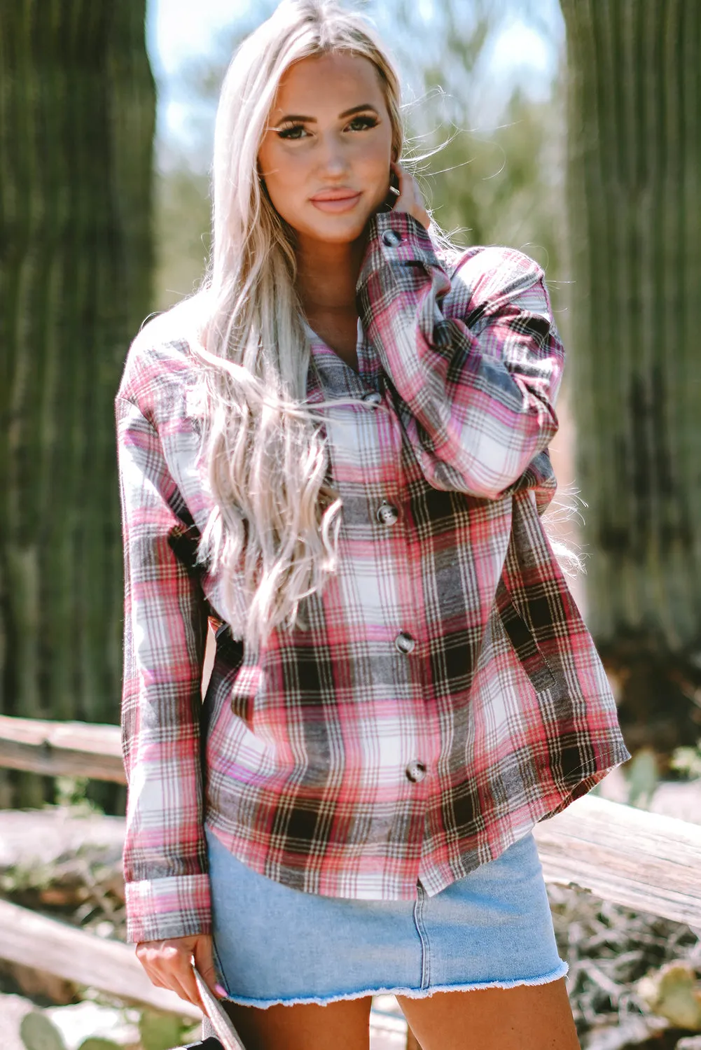 Threaded Pear Harper Plaid Flap Up Shacket sold by Zulily