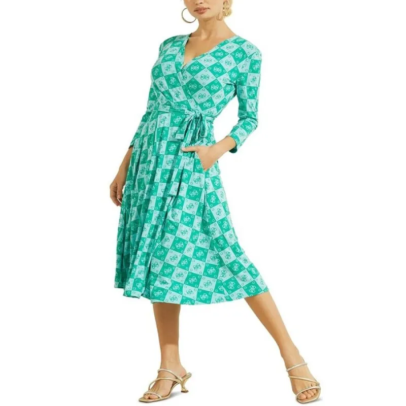 GUESS Women's Christin Printed Wrap Midi Dress Green Size Small made by Guess