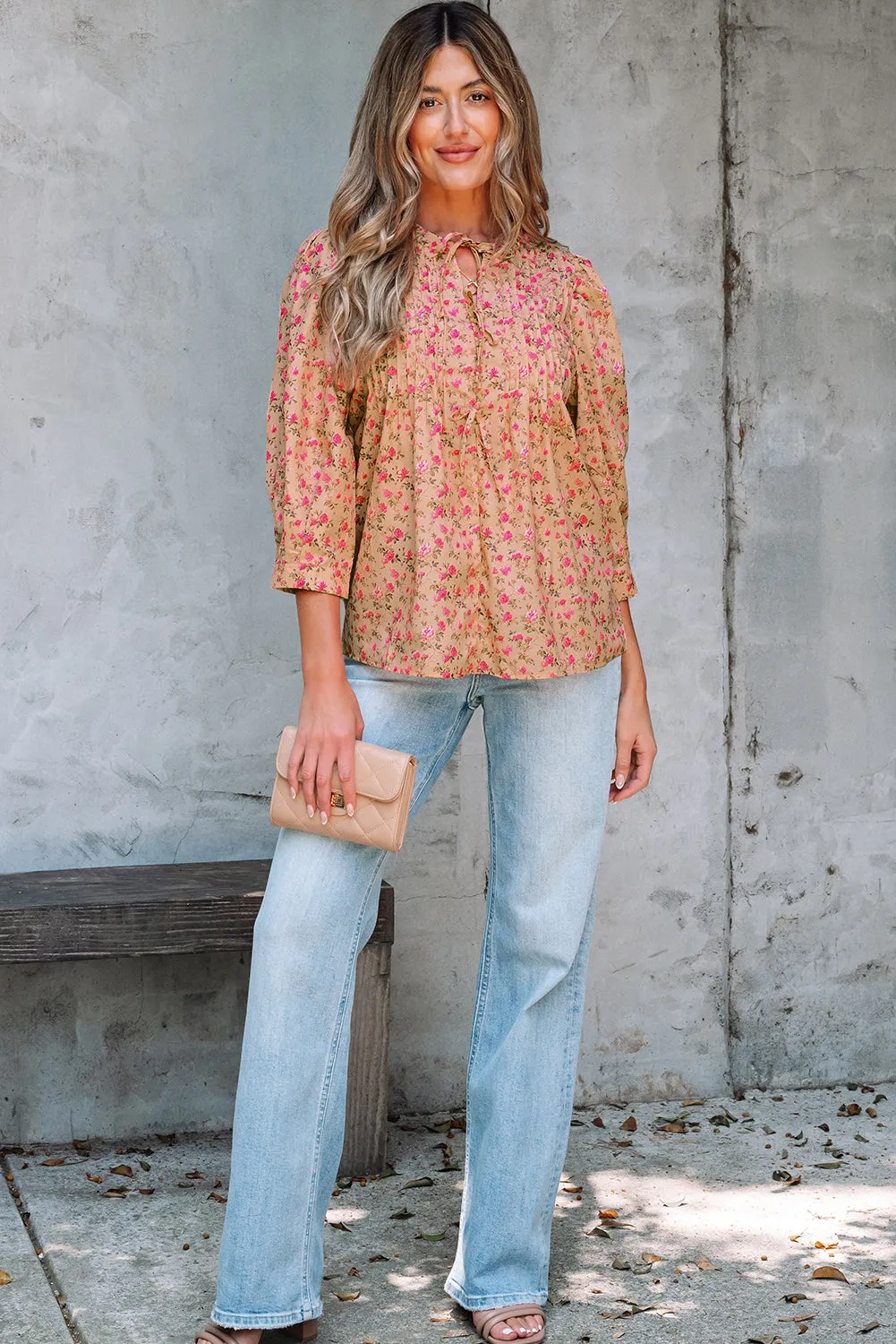 Threaded Pear Sadie Floral Bow Pin-tuck Bust Half Puff Sleeve Blouse sold by Zulily product image thumbnail 5