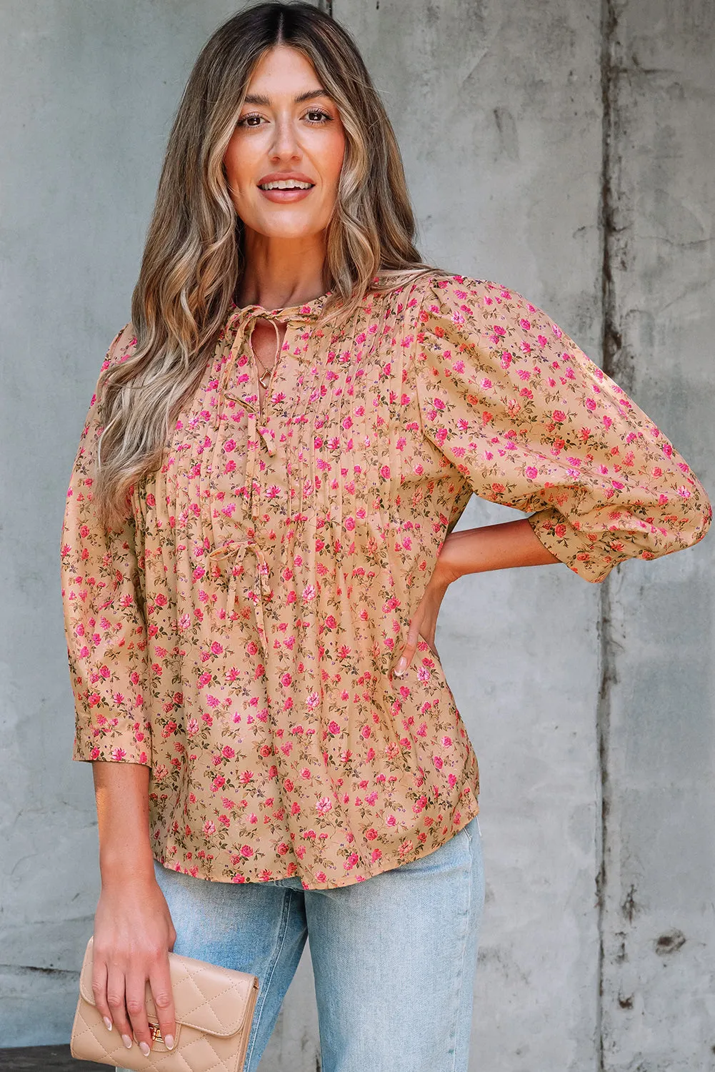 Threaded Pear Sadie Floral Bow Pin-tuck Bust Half Puff Sleeve Blouse sold by Zulily