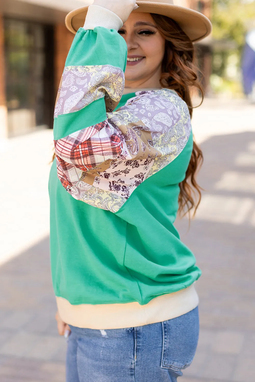 Threaded Pear Sky Blue Plus Size Plaid Floral Patchwork Raglan Sleeve Sweatshirt sold by Zulily product image thumbnail 3