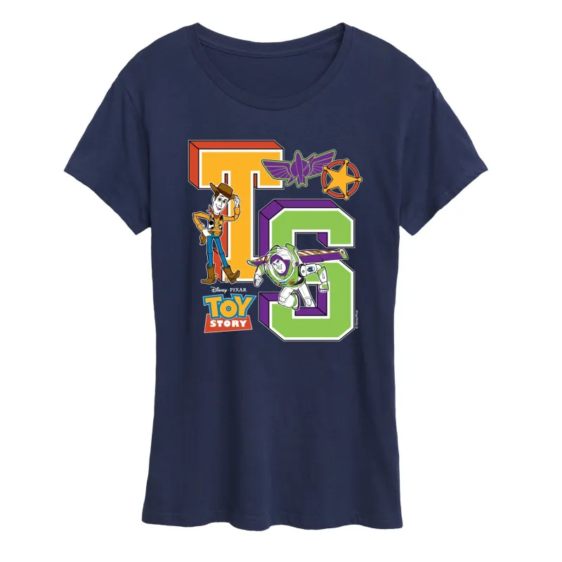 Toy Story - Letterman Badges - Women's Short Sleeve Graphic T-Shirt sold by Zulily