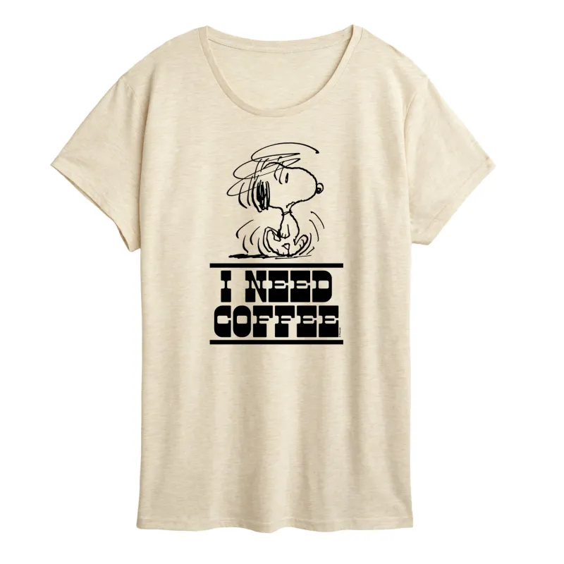 Peanuts - Need Coffee Snoopy - Women's Short Sleeve Graphic T-Shirt sold by Zulily