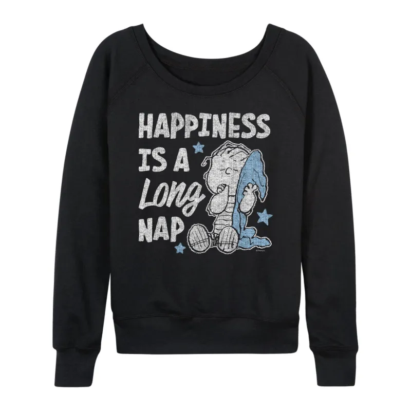 Peanuts - Happiness is a Long Nap - Women's French Terry Long Sleeve Pullover sold by Zulily
