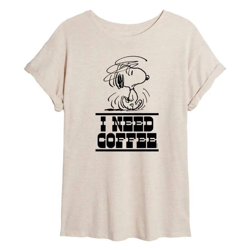 Peanuts - Need Coffee Snoopy - Juniors Oversized Graphic T-Shirt sold by Zulily
