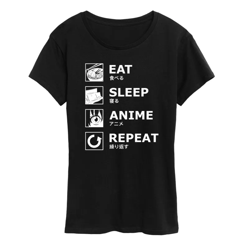 Instant Message - Eat Sleep Anime Repeat - Women's Short Sleeve Graphic T-Shirt sold by Zulily