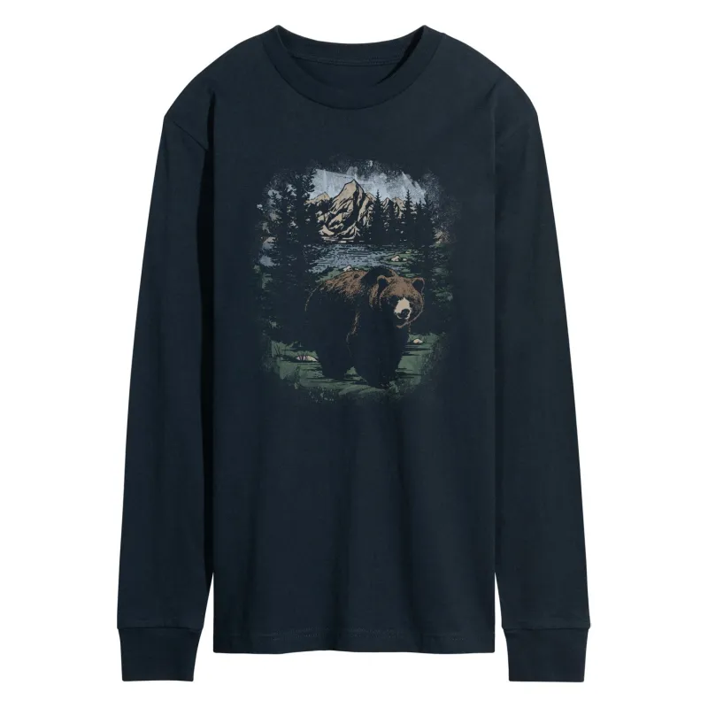 Instant Message - Bear Nature Scene - Men's Long Sleeve Graphic T-Shirt sold by Zulily
