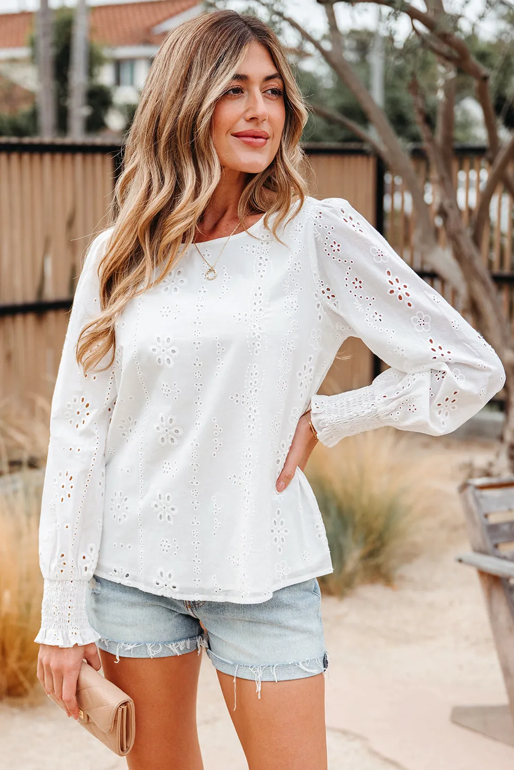 Threaded Pear Allison Eyelet Embroidered Smocked Cuff Sheer Blouse sold by Zulily product image thumbnail 5
