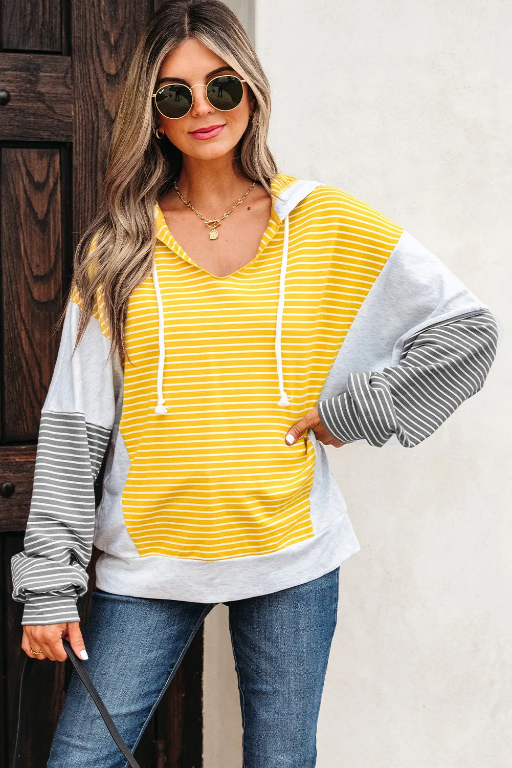 Threaded Pear Margot Stripe Drawstring Loose Fit Hooded Top sold by Zulily