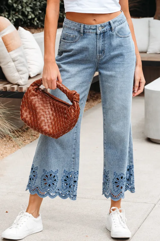 Threaded Pear Juliette Embroidered Cropped Wide Leg High Waist Jeans made by Threaded Pear