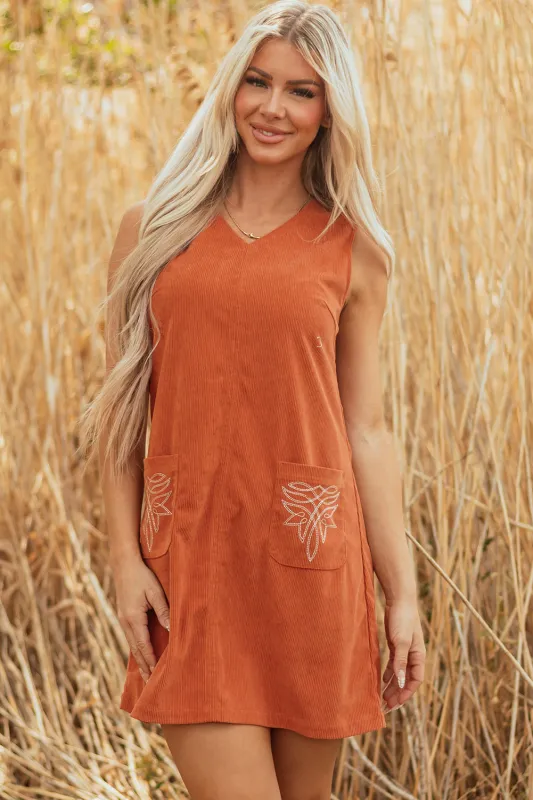 Threaded Pear Molly Corduroy Western Embroidered Patched Pocket Mini Dress made by Threaded Pear