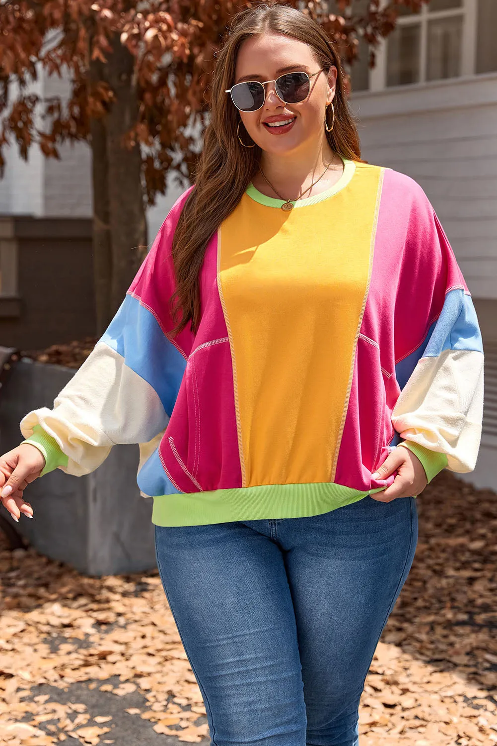 Threaded Pear Rose Red Plus Size Colorblock Patchwork Exposed Seam Sweatshirt sold by Zulily product image thumbnail 3