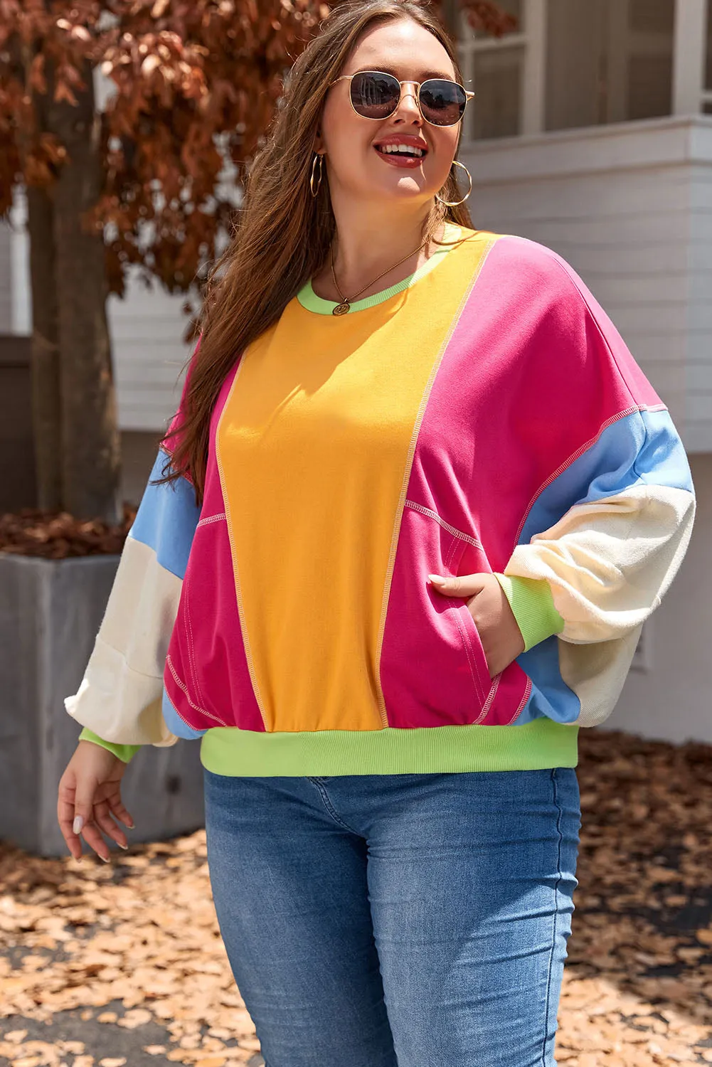 Threaded Pear Rose Red Plus Size Colorblock Patchwork Exposed Seam Sweatshirt sold by Zulily product image thumbnail 4