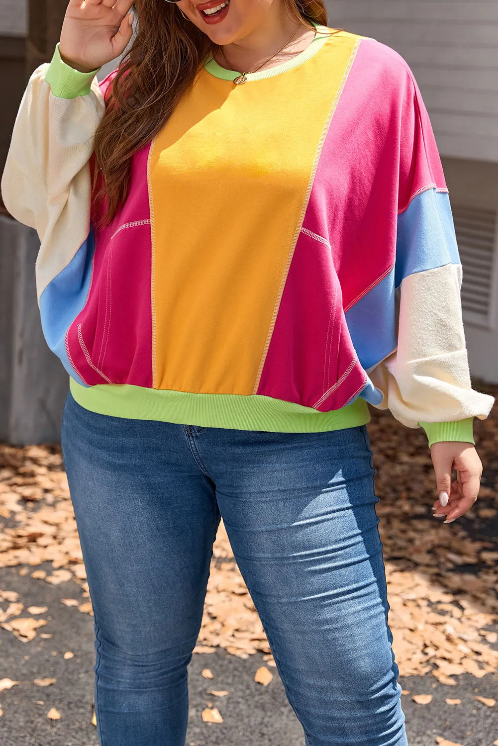 Threaded Pear Rose Red Plus Size Colorblock Patchwork Exposed Seam Sweatshirt sold by Zulily product image thumbnail 2