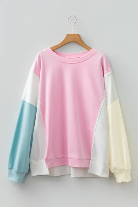Threaded Pear Pink Colorblock Patchwork Drop Shoulder Plus Size Sweatshirt sold by Zulily