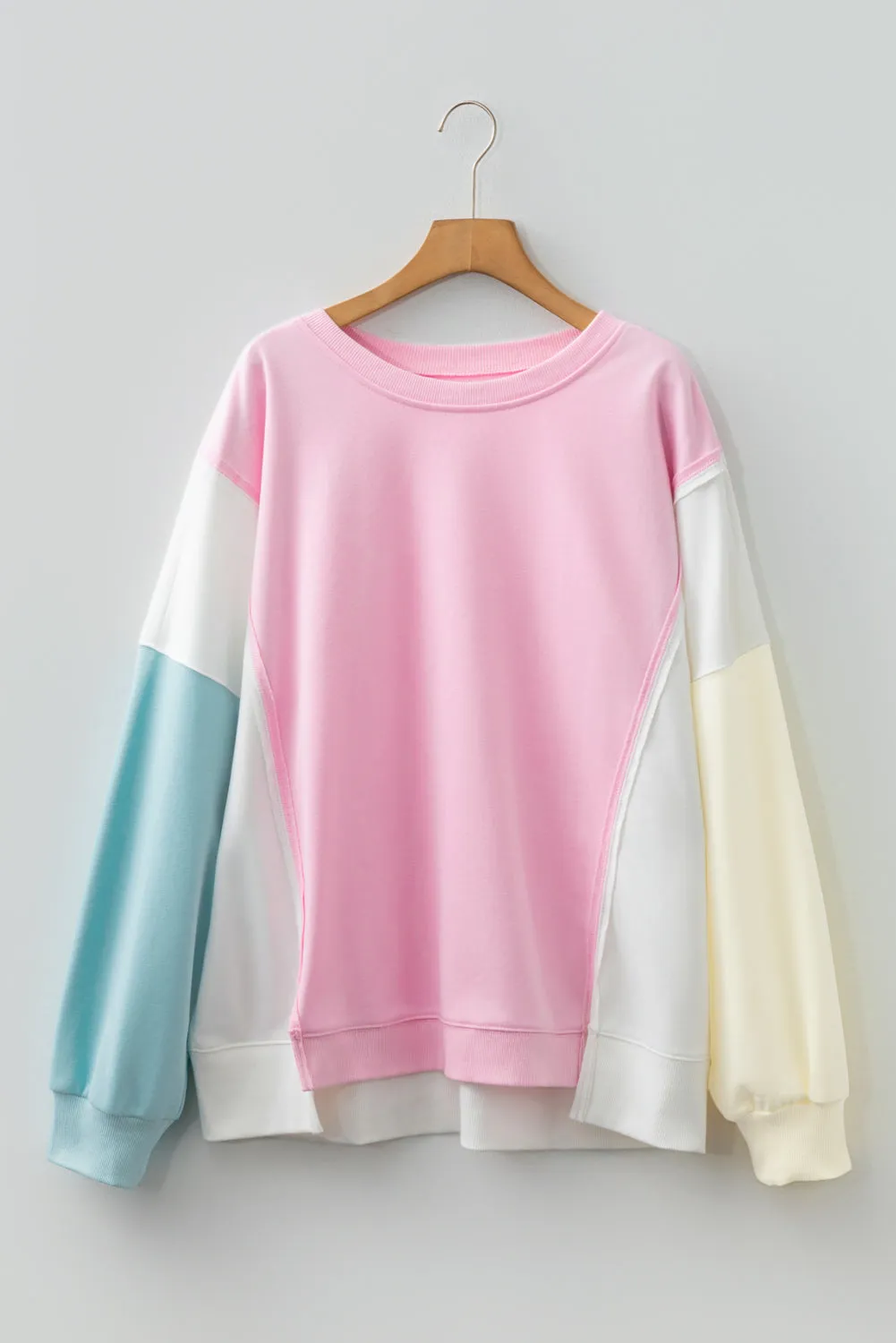 Threaded Pear Pink Colorblock Patchwork Drop Shoulder Plus Size Sweatshirt sold by Zulily