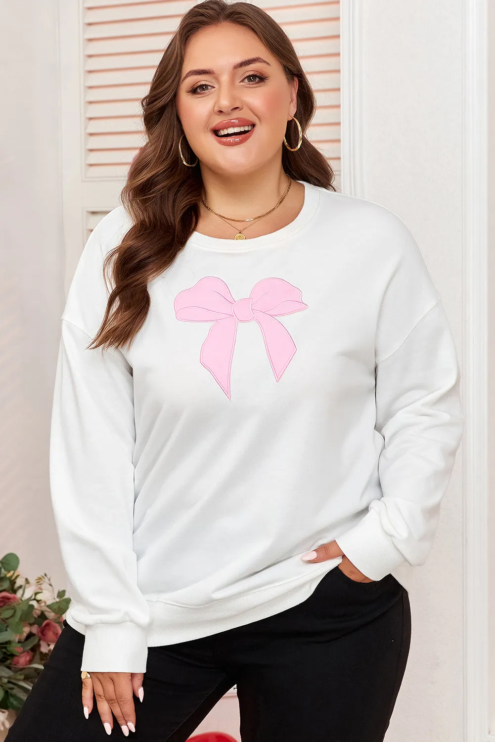 Threaded Pear Beige Big Bow Accent Plus Size Drop Shoulder Sweatshirt sold by Zulily product image thumbnail 4